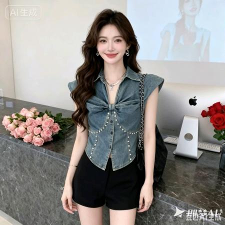 BY19818# 个性纽扣式复古牛仔背心女夏季款荷叶边V领修身短款重工上衣 服裝批發女裝批發服飾貨源