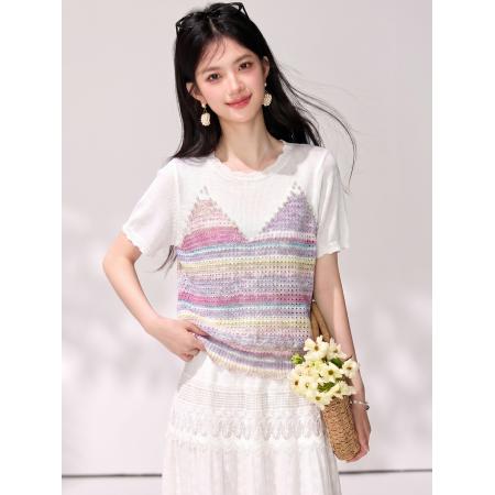 BY19822# 轻奢重工花纱撞色条纹针织短袖女新款高级感显瘦百搭上衣 服裝批發女裝批發服飾貨源