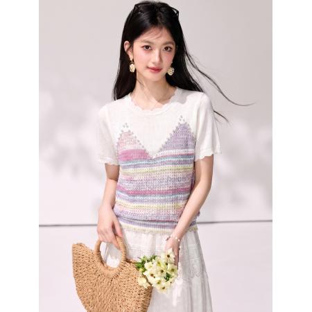 BY19822# 轻奢重工花纱撞色条纹针织短袖女新款高级感显瘦百搭上衣 服裝批發女裝批發服飾貨源