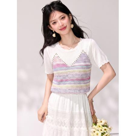BY19822# 轻奢重工花纱撞色条纹针织短袖女新款高级感显瘦百搭上衣 服裝批發女裝批發服飾貨源