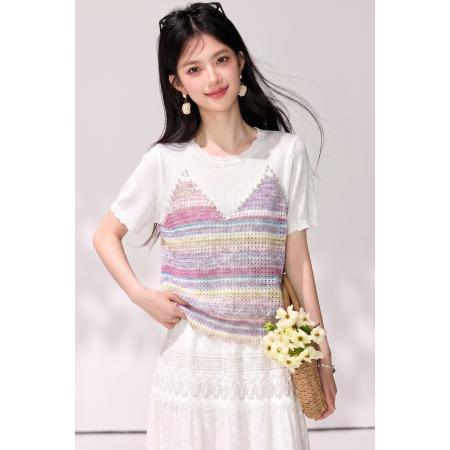 BY19822# 轻奢重工花纱撞色条纹针织短袖女新款高级感显瘦百搭上衣 服裝批發女裝批發服飾貨源
