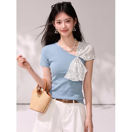BY19823# 夏季波点拼接蝴蝶结露肩针织短袖弹力上衣 服裝批發女裝批發服飾貨源