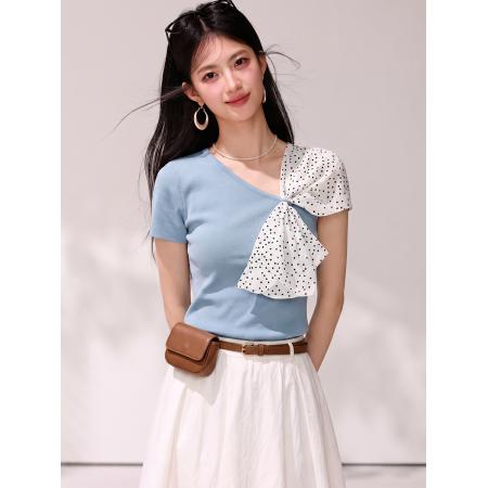 BY19823# 夏季波点拼接蝴蝶结露肩针织短袖弹力上衣 服裝批發女裝批發服飾貨源