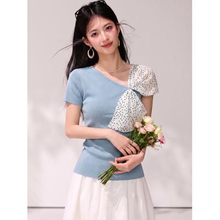BY19823# 夏季波点拼接蝴蝶结露肩针织短袖弹力上衣 服裝批發女裝批發服飾貨源
