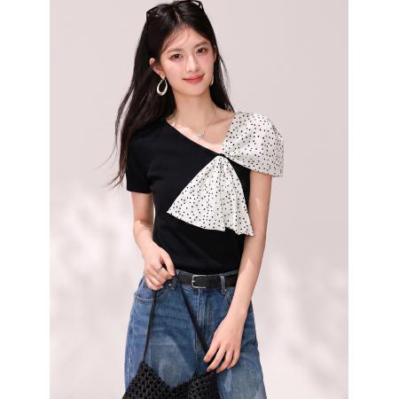 BY19823# 夏季波点拼接蝴蝶结露肩针织短袖弹力上衣 服裝批發女裝批發服飾貨源