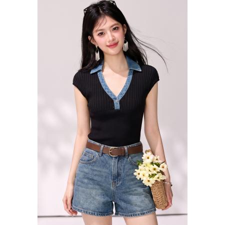 BY19824# 百搭小众气质牛仔撞色拼接针织修身显瘦通勤风上衣 服裝批發女裝批發服飾貨源