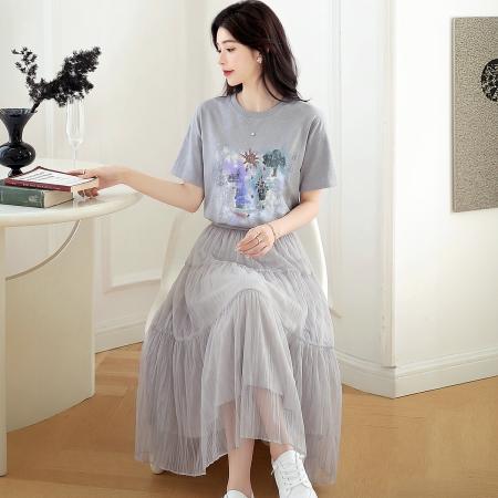 夏装搭配一整套休闲短袖T恤女网纱半身裙子慵懒两件套装 服裝批發女裝批發服飾貨源