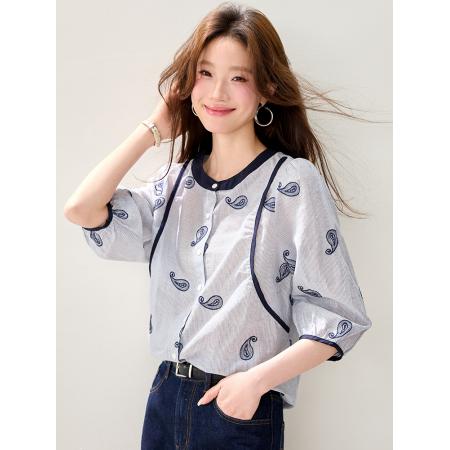 BY19832# 撞色圆领七分袖条纹衬衫女夏装新款宽松显瘦纯棉刺绣上衣 服裝批發女裝批發服飾貨源
