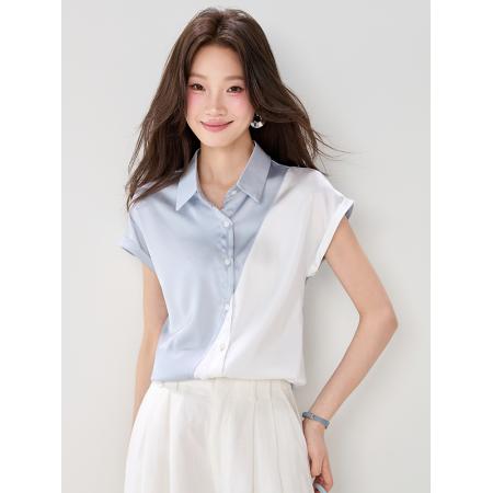BY19833# 夏季高级感气质拼接撞色缎面时尚通勤衬衫上衣女 服裝批發女裝批發服飾貨源
