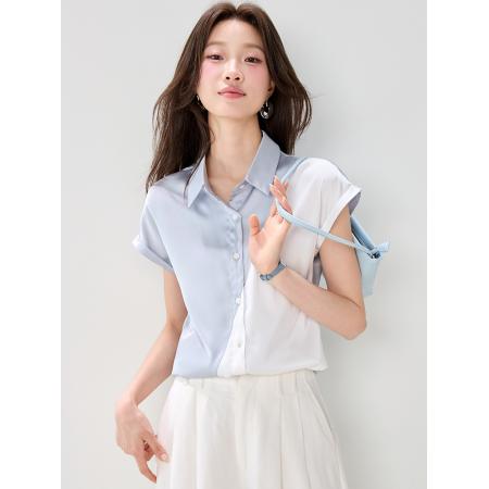 BY19833# 夏季高级感气质拼接撞色缎面时尚通勤衬衫上衣女 服裝批發女裝批發服飾貨源