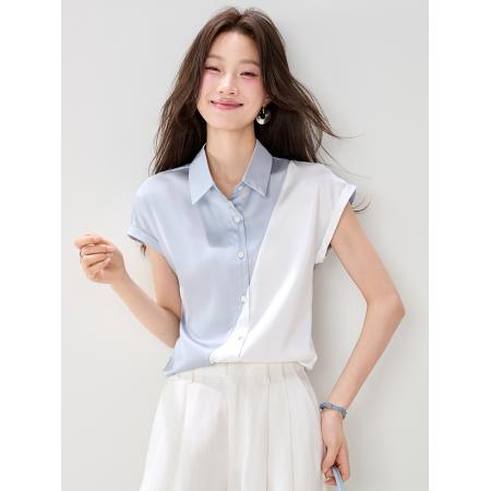 BY19833# 夏季高级感气质拼接撞色缎面时尚通勤衬衫上衣女 服裝批發女裝批發服飾貨源