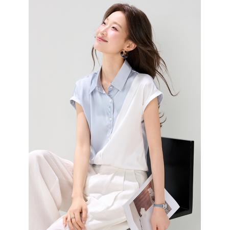 BY19833# 夏季高级感气质拼接撞色缎面时尚通勤衬衫上衣女 服裝批發女裝批發服飾貨源