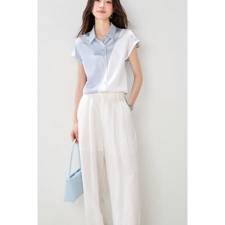 BY19833# 夏季高级感气质拼接撞色缎面时尚通勤衬衫上衣女 服裝批發女裝批發服飾貨源