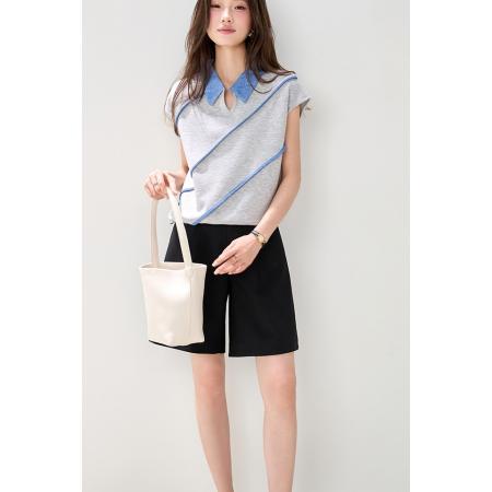 BY19834# 松弛休闲撞色翻领T桖女夏季新款设计感斜杠包边套头上衣 服裝批發女裝批發服飾貨源