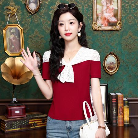 BY19835# 三个颜色抖音爆款已出货夏新拼接针织短袖T恤上衣女 服裝批發女裝批發服飾貨源
