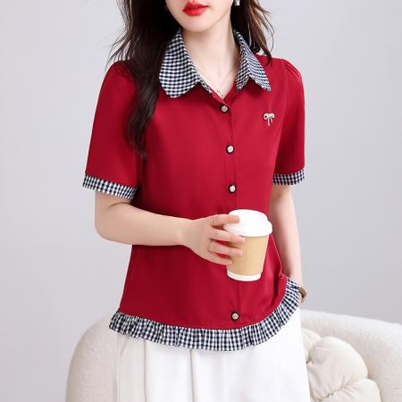 短袖格子拼接衬衫女夏季新款法式木耳边显瘦开衫气质上衣 服裝批發女裝批發服飾貨源