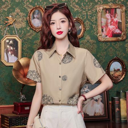 雪纺印花短袖衬衫女夏季新款宽松时尚小衫上衣 服裝批發女裝批發服飾貨源