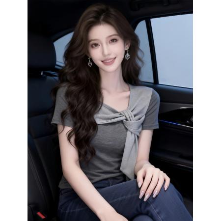 BY19849# 韩版少女感洋气气质修身显瘦百搭短袖斜领撞色绑带别致T恤上衣女 服裝批發女裝批發服飾貨源