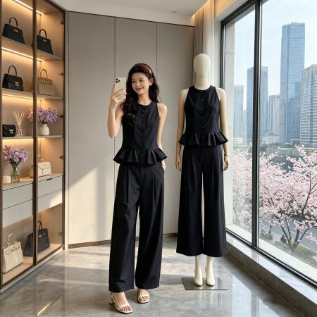 BY19859# HEYGIRL黑哥妮味outfit荷叶边无袖衬衫背心马甲上衣阔腿裤套装 服裝批發女裝批發服飾貨源