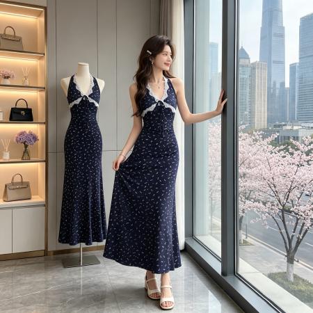 蕾丝拼接针织连衣裙女小个子新款 服裝批發女裝批發服飾貨源