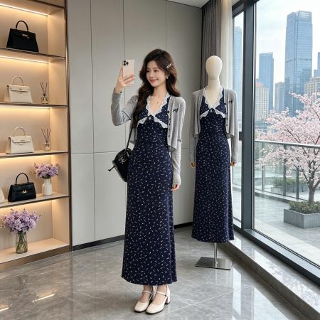 BY19864# 蕾丝拼接针织连衣裙女小个子新款 服裝批發女裝批發服飾貨源
