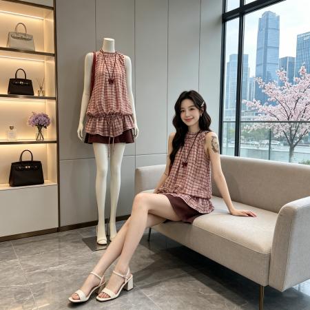 BY19869# 吵吵家设计感红色格纹挂脖无袖上衣女夏季高级衬衫抽绳荷叶边衬衣 服裝批發女裝批發服飾貨源