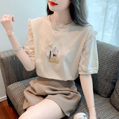 BY19878# 夏季新款T恤落肩袖套头圆领百搭泡泡袖 服裝批發女裝批發服飾貨源