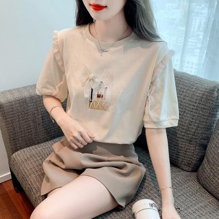 BY19878# 夏季新款T恤落肩袖套头圆领百搭泡泡袖 服裝批發女裝批發服飾貨源