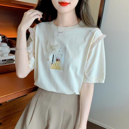 BY19878# 夏季新款T恤落肩袖套头圆领百搭泡泡袖 服裝批發女裝批發服飾貨源
