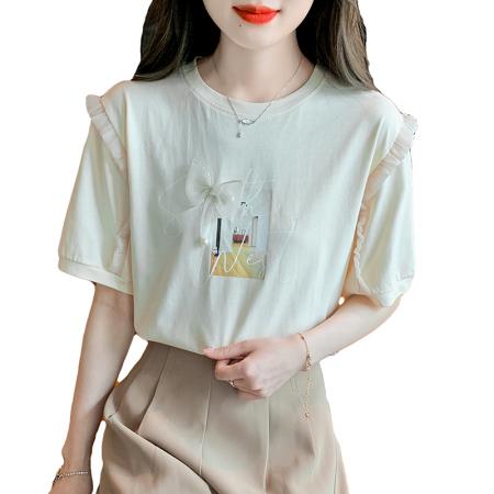 BY19878# 夏季新款T恤落肩袖套头圆领百搭泡泡袖 服裝批發女裝批發服飾貨源