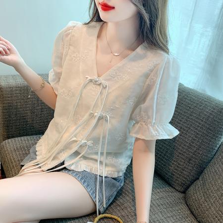 BY19879# 夏季新款蕾丝衫/雪纺衫韩版甜美中袖喇叭袖淑女套头 服裝批發女裝批發服飾貨源
