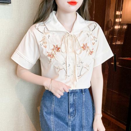 BY19882# 夏季新款衬衫雪纺复古喇叭袖标准短袖娃娃领植物花卉 服裝批發女裝批發服飾貨源