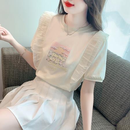 BY19883# 夏季新款简约套头韩版雪纺圆领泡泡袖百搭休闲甜美 服裝批發女裝批發服飾貨源