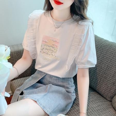 BY19883# 夏季新款简约套头韩版雪纺圆领泡泡袖百搭休闲甜美 服裝批發女裝批發服飾貨源