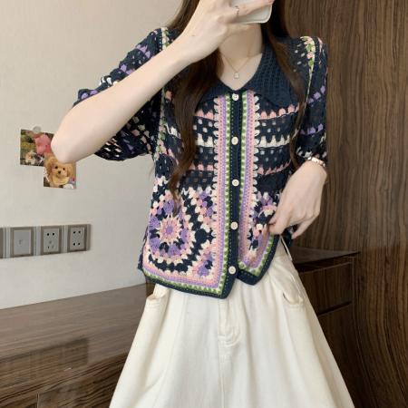 BY19884# 新版韩风设计感钩花复古短袖开衫 服裝批發女裝批發服飾貨源