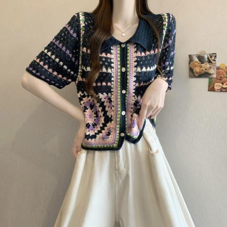 BY19884# 新版韩风设计感钩花复古短袖开衫 服裝批發女裝批發服飾貨源
