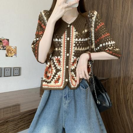 BY19884# 新版韩风设计感钩花复古短袖开衫 服裝批發女裝批發服飾貨源