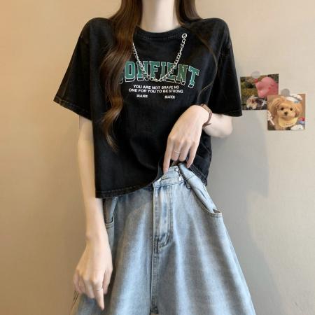 BY19885# 新版韩风洗水做旧纯色印花宽松五分袖T恤 服裝批發女裝批發服飾貨源