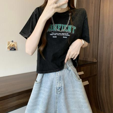 BY19885# 新版韩风洗水做旧纯色印花宽松五分袖T恤 服裝批發女裝批發服飾貨源
