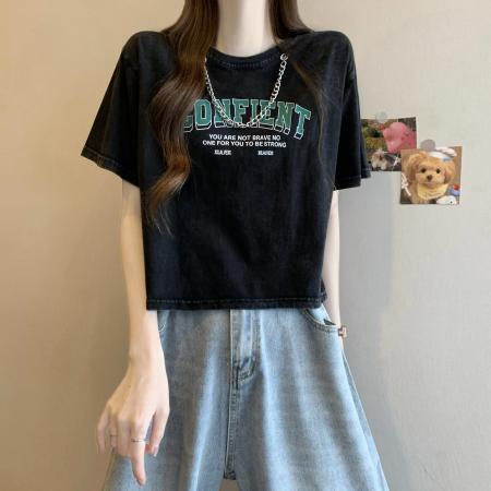 BY19885# 新版韩风洗水做旧纯色印花宽松五分袖T恤 服裝批發女裝批發服飾貨源