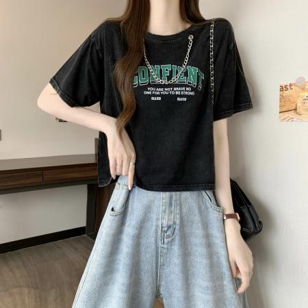 BY19885# 新版韩风洗水做旧纯色印花宽松五分袖T恤 服裝批發女裝批發服飾貨源