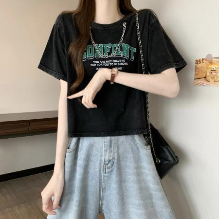 BY19885# 新版韩风洗水做旧纯色印花宽松五分袖T恤 服裝批發女裝批發服飾貨源