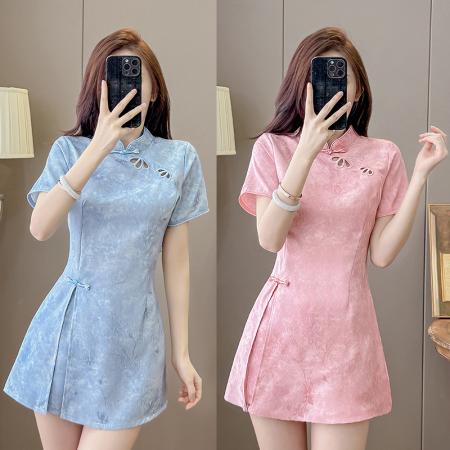 新中式改良旗袍提花刺绣微弹连衣裙短裤两件套 服裝批發女裝批發服飾貨源