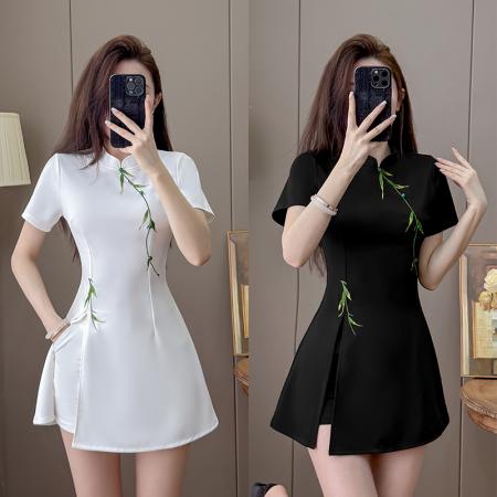 新中式绣花改良旗袍收腰显瘦性感时尚套装两件套 服裝批發女裝批發服飾貨源