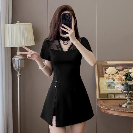 新款蕾丝拼接品质时尚套装连衣裙新中式旗袍两件套 服裝批發女裝批發服飾貨源