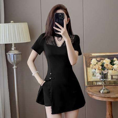 新款蕾丝拼接品质时尚套装连衣裙新中式旗袍两件套 服裝批發女裝批發服飾貨源