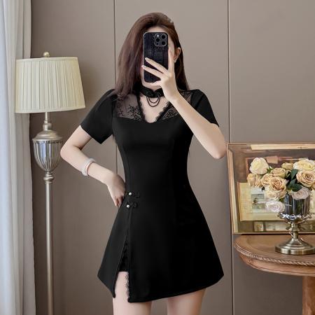 新款蕾丝拼接品质时尚套装连衣裙新中式旗袍两件套 服裝批發女裝批發服飾貨源