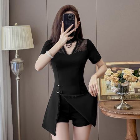 新款蕾丝拼接品质时尚套装连衣裙新中式旗袍两件套 服裝批發女裝批發服飾貨源
