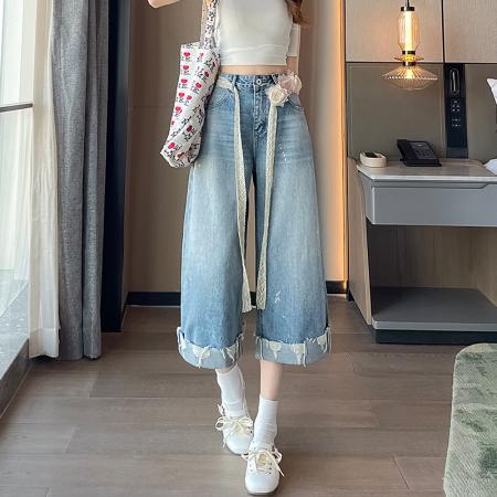 浅色卷边破洞阔腿牛仔裤女夏季薄款高腰宽松泼墨七分裤子 服裝批發女裝批發服飾貨源