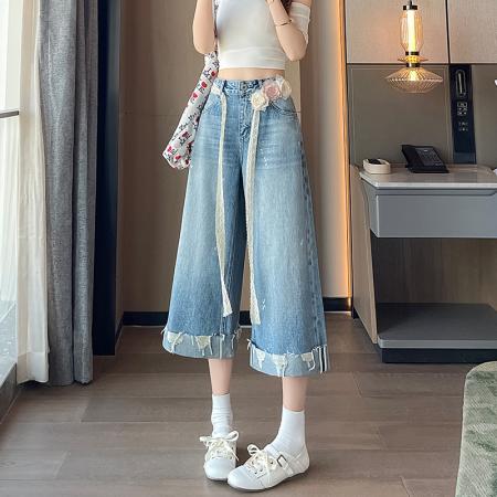 浅色卷边破洞阔腿牛仔裤女夏季薄款高腰宽松泼墨七分裤子 服裝批發女裝批發服飾貨源